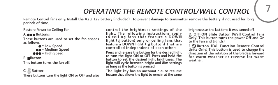 Operating the remote control/wall control | Minka Group F544-BCW User Manual | Page 17 / 22