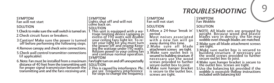 Troubleshooting | Minka Group F544-BCW User Manual | Page 19 / 22