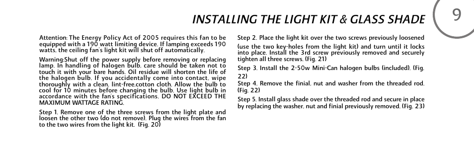 Installing the light kit & glass shade | Minka Group F707-FLP User Manual | Page 17 / 24