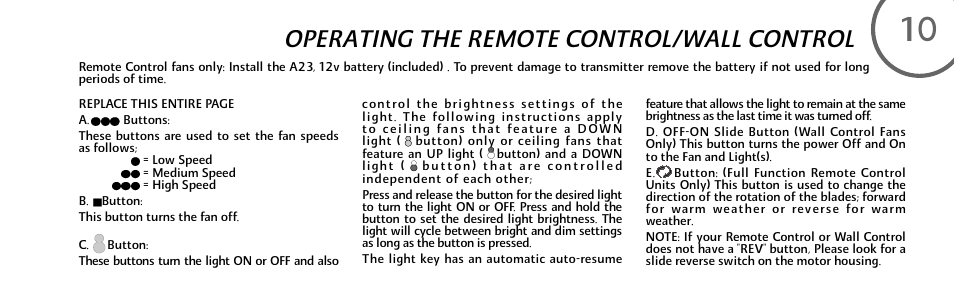 Operating the remote control/wall control | Minka Group F707-FLP User Manual | Page 19 / 24