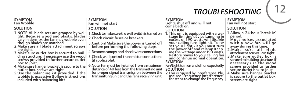 Troubleshooting | Minka Group F707-FLP User Manual | Page 21 / 24