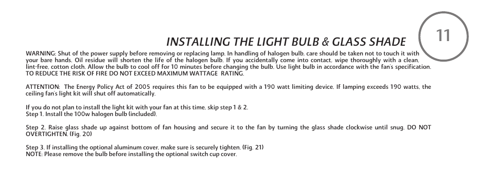 F521-e-p-18, Installing the light bulb & glass shade | Minka Group F521-WHF User Manual | Page 19 / 26