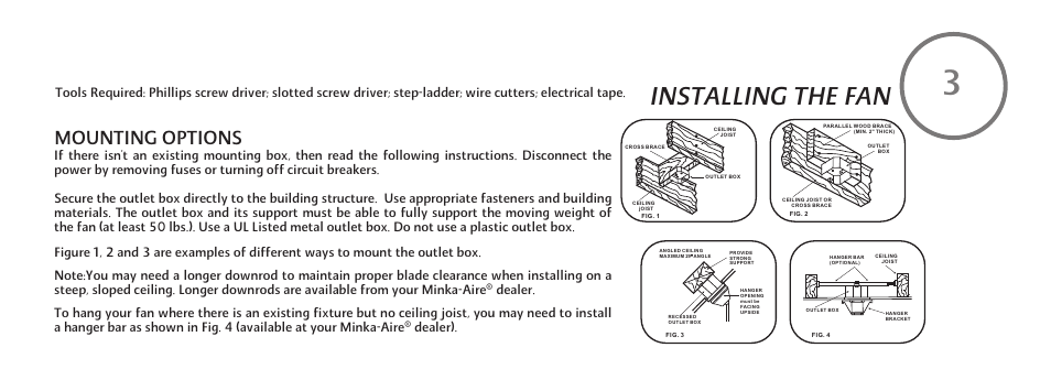 F521-e-p-8, Installing the fan, Mounting options | Dealer) | Minka Group F521-WHF User Manual | Page 9 / 26