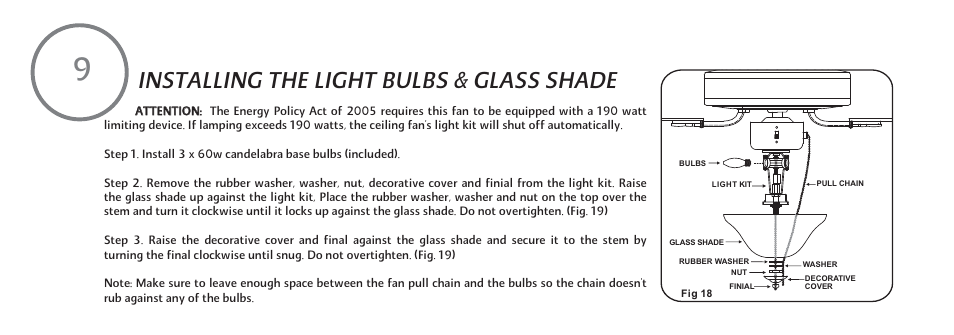 F548-e-17, Installing the light bulbs & glass shade | Minka Group F548-BWH User Manual | Page 18 / 24
