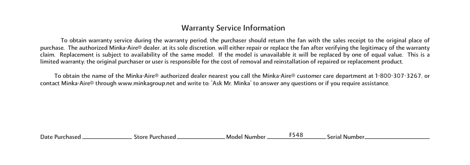 F548-e-3, Warranty service information | Minka Group F548-BWH User Manual | Page 4 / 24