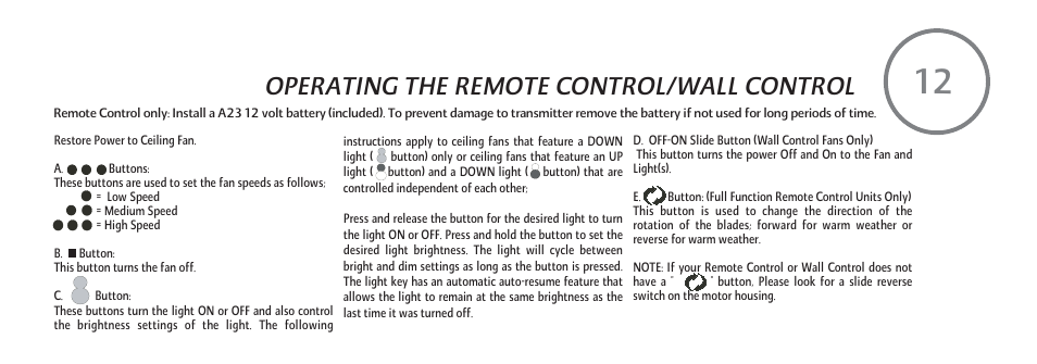 Operating the remote control/wall control | Minka Group F803-SL User Manual | Page 21 / 27