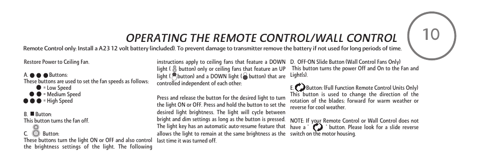 Operating the remote control/wall control | Minka Group F588-SP-BN User Manual | Page 19 / 25