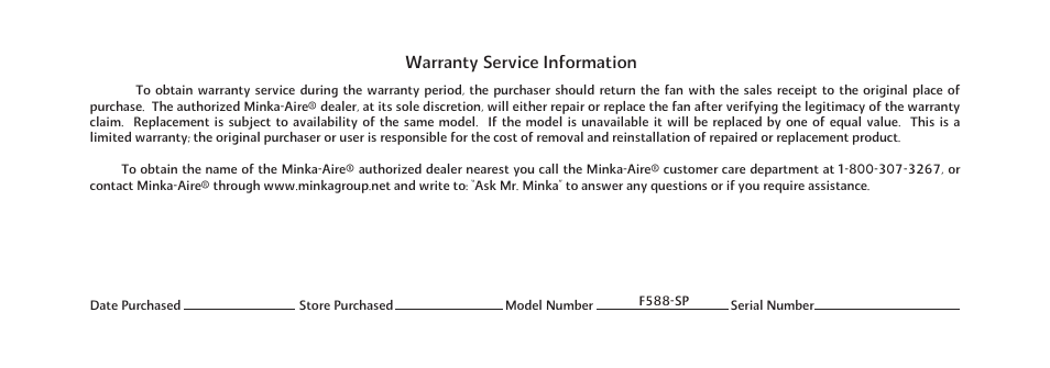 Warranty service information | Minka Group F588-SP-BN User Manual | Page 4 / 25