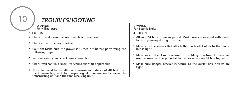 E-p-19, Troubleshooting | Minka Group F302-BN User Manual | Page 20 / 23