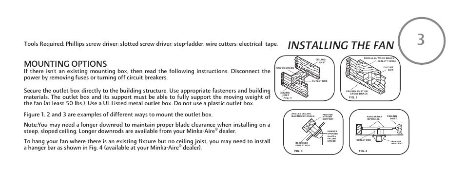 E-p-8, Installing the fan, Mounting options | Dealer) | Minka Group F302-BN User Manual | Page 9 / 23