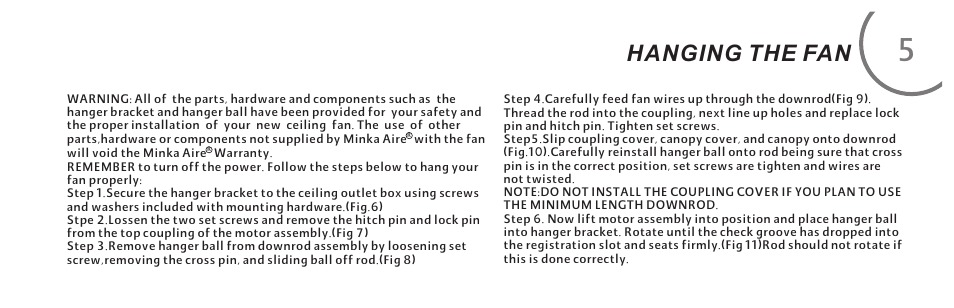 页 11, Hanging the fan | Minka Group F833-BK User Manual | Page 11 / 22