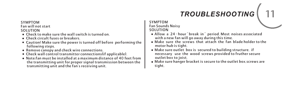 页 19, Troubleshooting | Minka Group F833-BK User Manual | Page 19 / 22