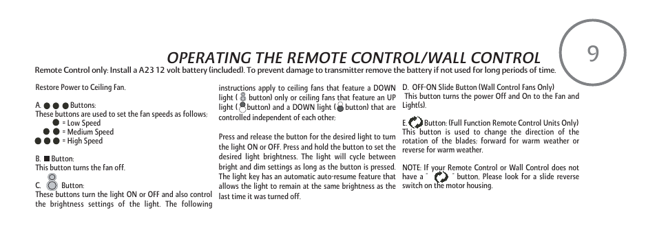 Operating the remote control/wall control | Minka Group F574-WH User Manual | Page 17 / 22