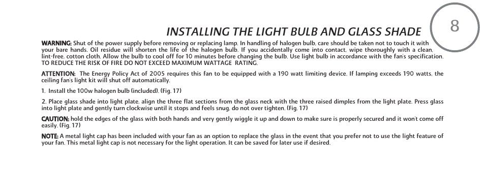 Installing the light bulb and glass shade | Minka Group F802-ORB User Manual | Page 17 / 25