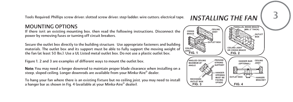 Installing the fan, Mounting options, Dealer) | Minka Group F802-ORB User Manual | Page 9 / 25