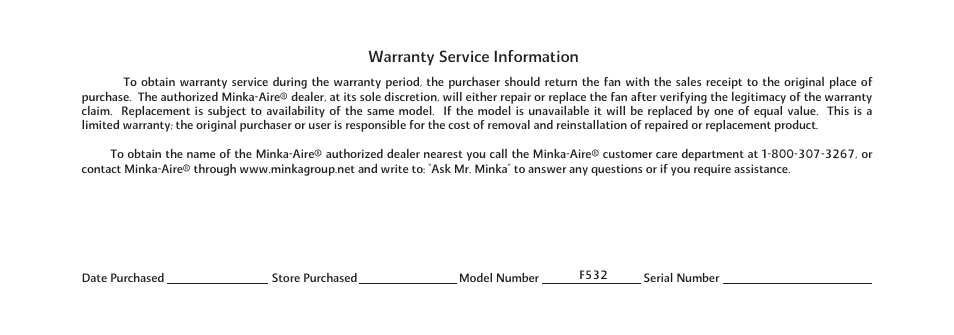Warranty service information | Minka Group F532-BWH User Manual | Page 4 / 21