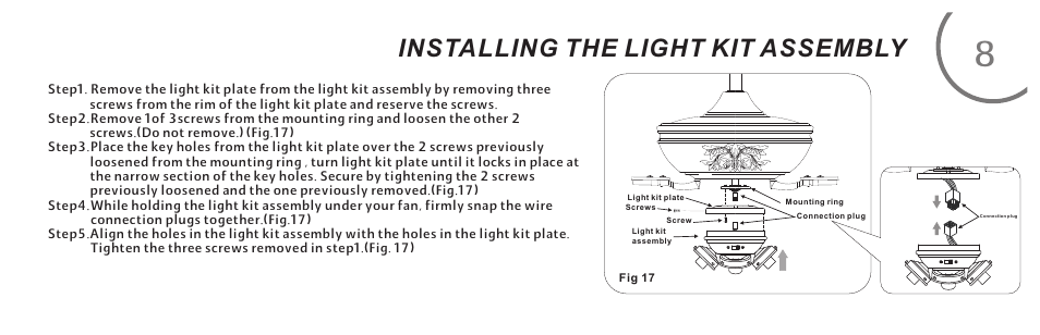 页 17, Installing the light kit assembly | Minka Group F759-PBL User Manual | Page 17 / 26