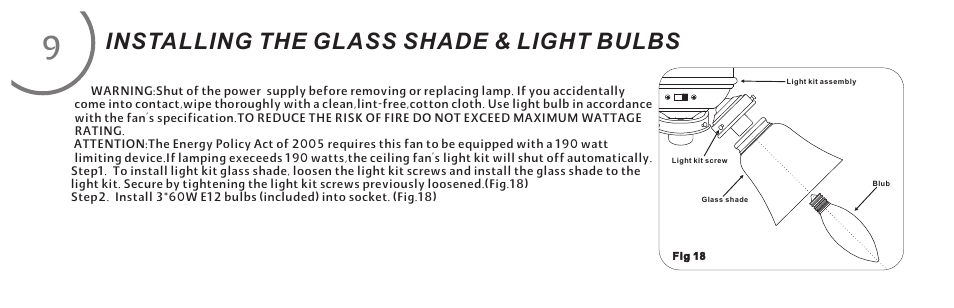 页 18, Installing the glass shade & light bulbs | Minka Group F759-PBL User Manual | Page 18 / 26