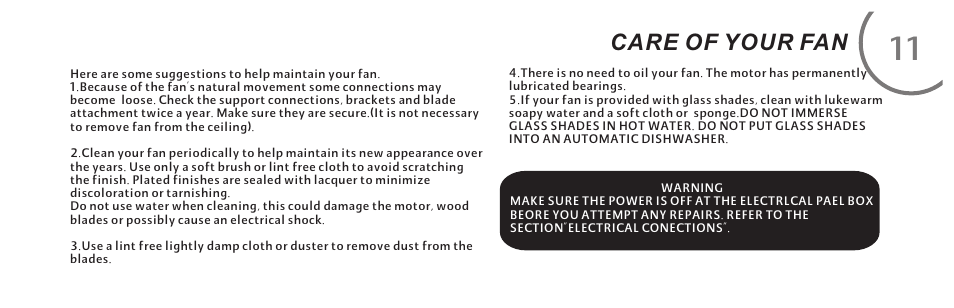 页 21, Care of your fan | Minka Group F759-PBL User Manual | Page 21 / 26