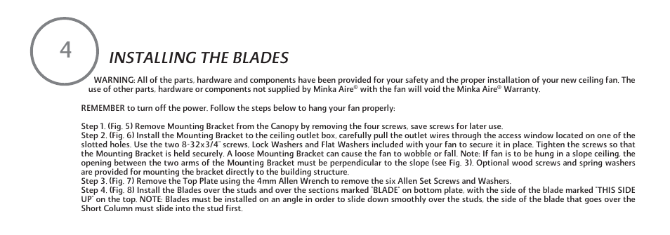 Installing the blades | Minka Group F528-L-BS/CH User Manual | Page 10 / 25