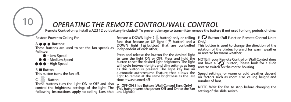 Operating the remote control/wall control | Minka Group F528-L-BS/CH User Manual | Page 20 / 25