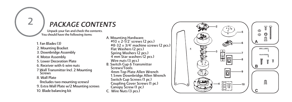 Package contents | Minka Group F528-L-BS/CH User Manual | Page 8 / 25