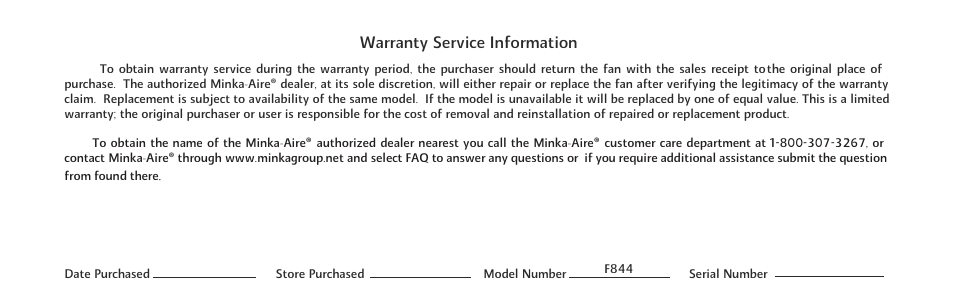 Warranty service information | Minka Group F844-SL User Manual | Page 4 / 26