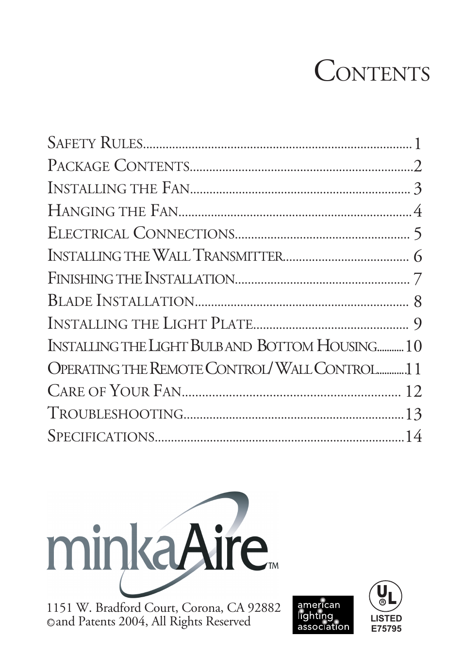 Ontents | Minka Group F596-PN/TL User Manual | Page 2 / 16