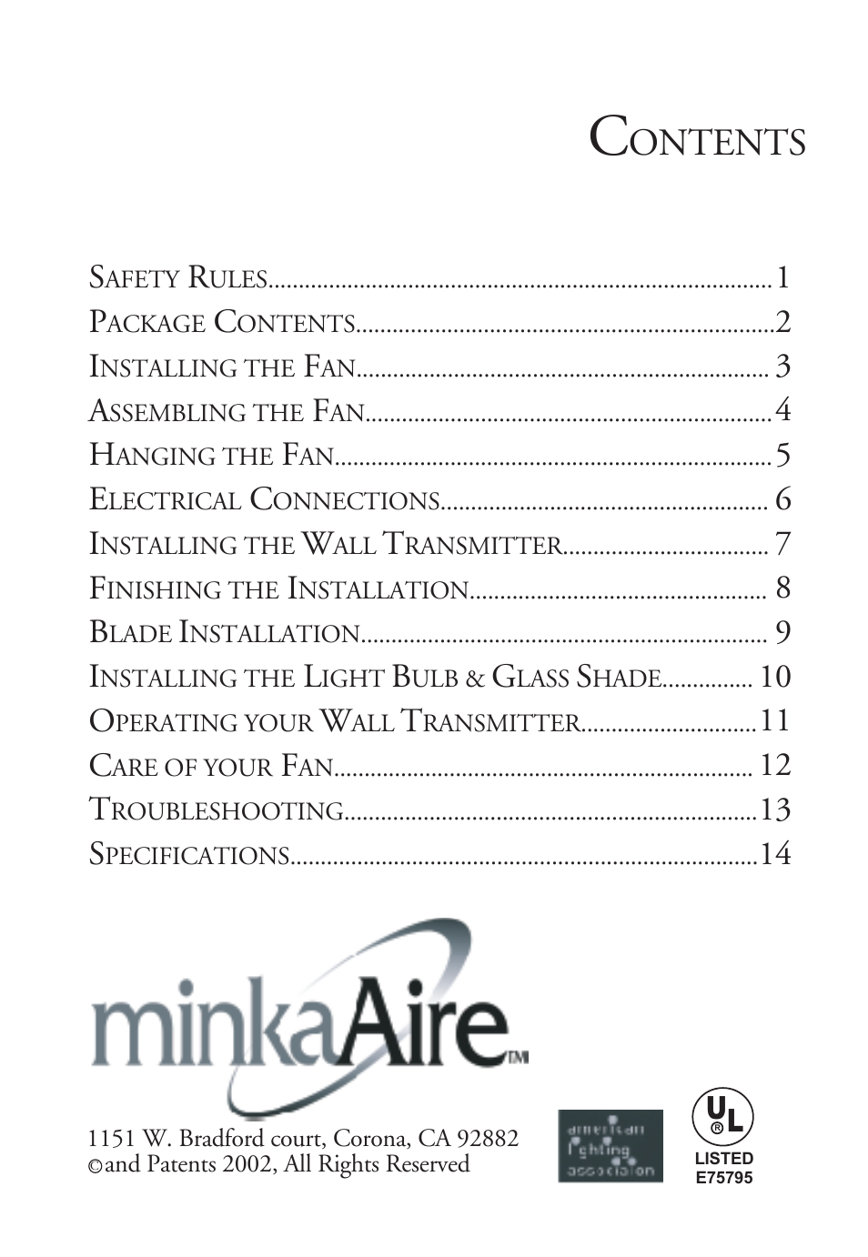 Ontents | Minka Group F702-VB User Manual | Page 2 / 15