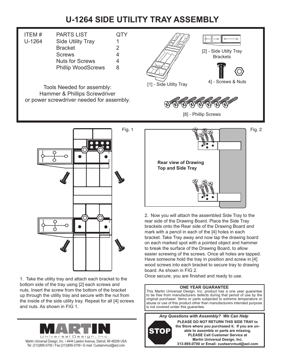 Martin Universal Design U-1264 SIDE UTILITY TRAY User Manual | 1 page