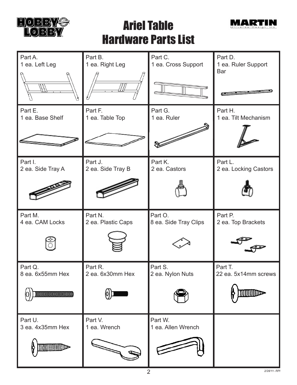 Ariel table hardware parts list | Martin Universal Design U-HL6080W ARIEL TABLE User Manual | Page 2 / 6