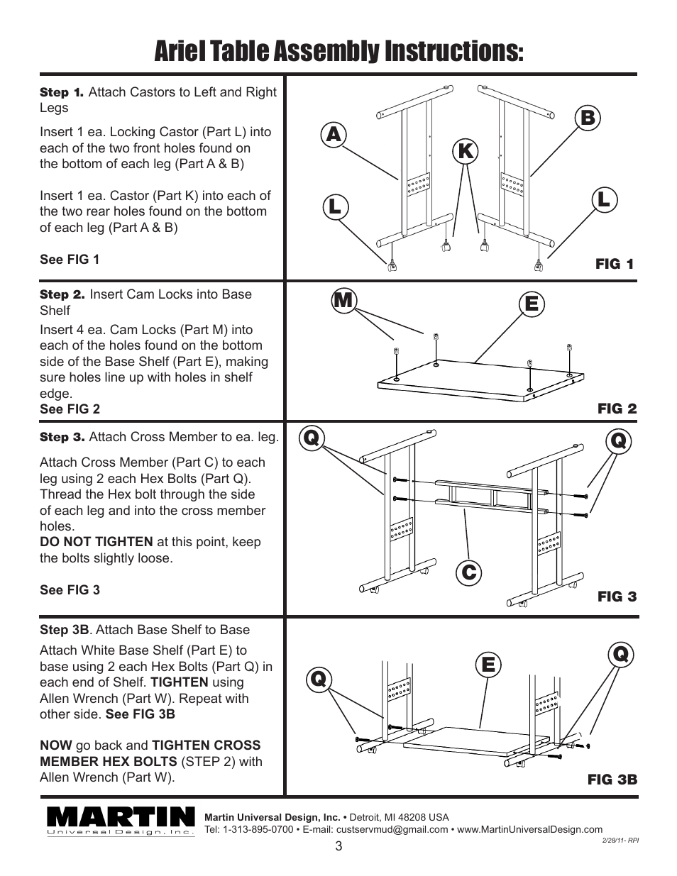 Ariel table assembly instructions, Qc q, Eq q | Martin Universal Design U-HL6080W ARIEL TABLE User Manual | Page 3 / 6