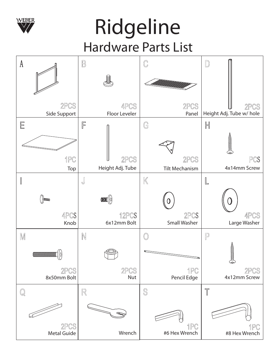 Ridgeline_partslist, Ridgeline, Hardware parts list | Martin Universal Design U-DS6000P Ridgeline Table User Manual | Page 2 / 5