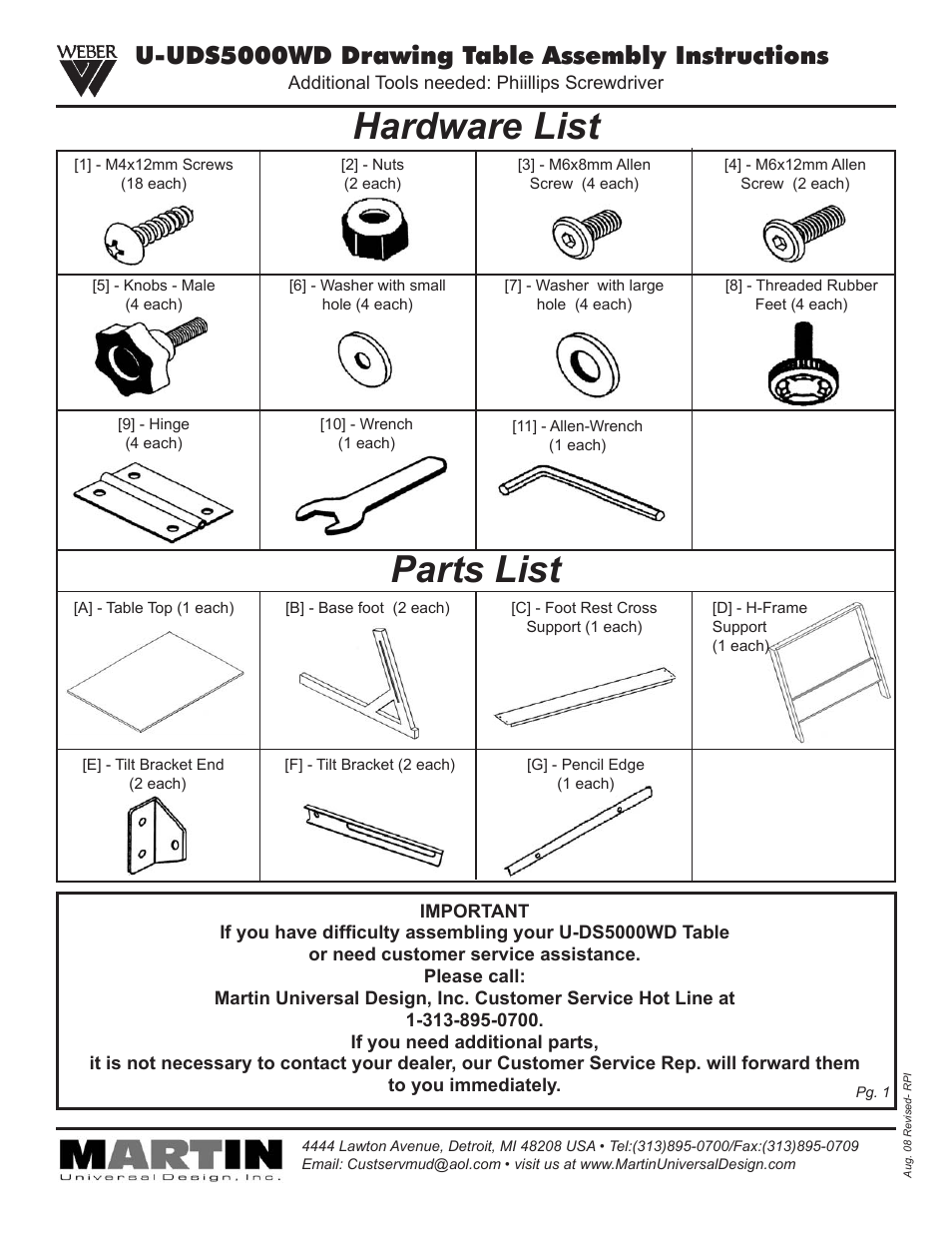 Martin Universal Design U-UDS5000WD Drawing Table User Manual | 4 pages