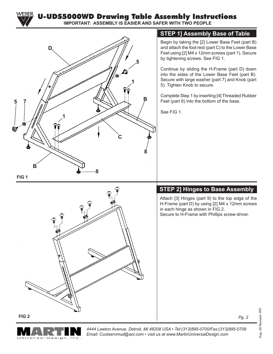 U-uds5000wd drawing table assembly instructions, Step 1] assembly base of table, Step 2] hinges to base assembly | Martin Universal Design U-UDS5000WD Drawing Table User Manual | Page 2 / 4