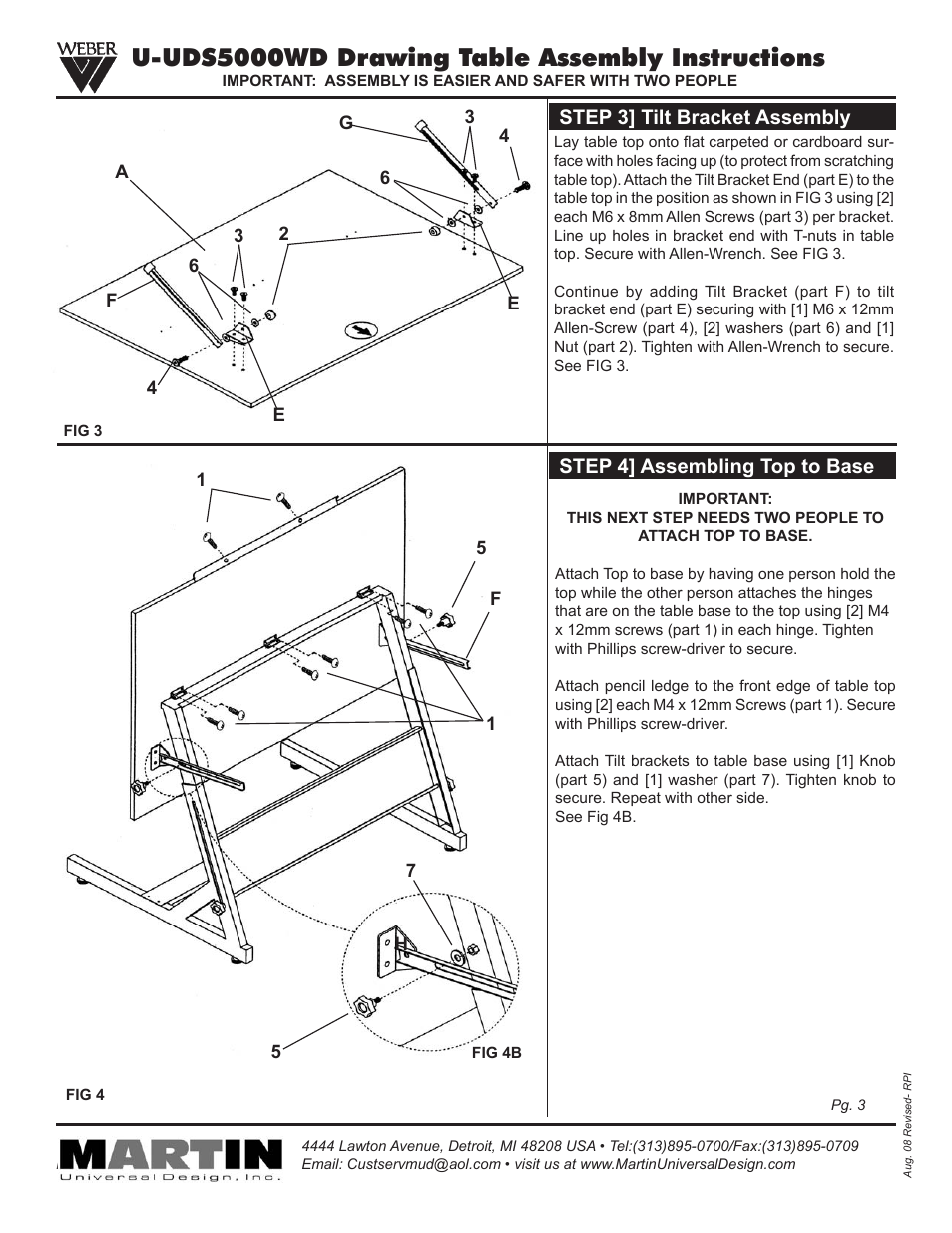 U-uds5000wd drawing table assembly instructions, Step 3] tilt bracket assembly, Step 4] assembling top to base | Martin Universal Design U-UDS5000WD Drawing Table User Manual | Page 3 / 4