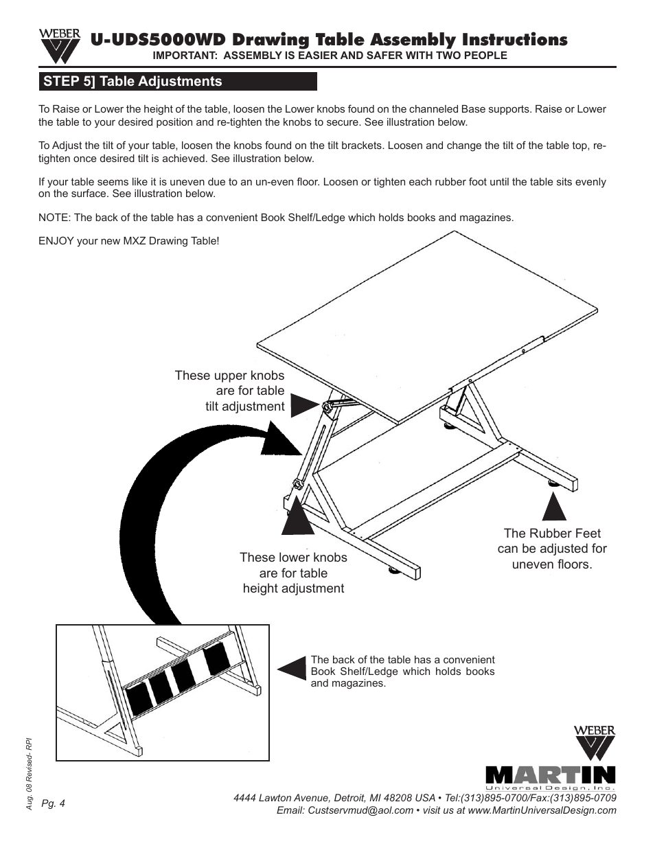 U-uds5000wd drawing table assembly instructions, Step 5] table adjustments | Martin Universal Design U-UDS5000WD Drawing Table User Manual | Page 4 / 4