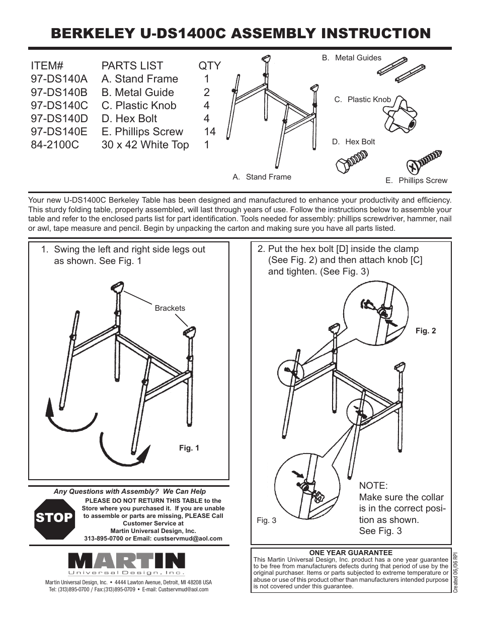 Martin Universal Design U-DS14 BERKELEY TABLE User Manual | 2 pages