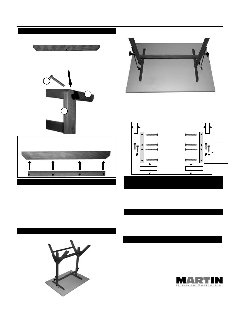 Assembly instructions continued, Step 10] attaching top braces, Step 11] turning base over | Step 12] attaching base to drawing top, Step 14] table top tilt adjustments, Step 15] table height adjustment | Martin Universal Design U-7100 Avanti Designer Table User Manual | Page 4 / 4