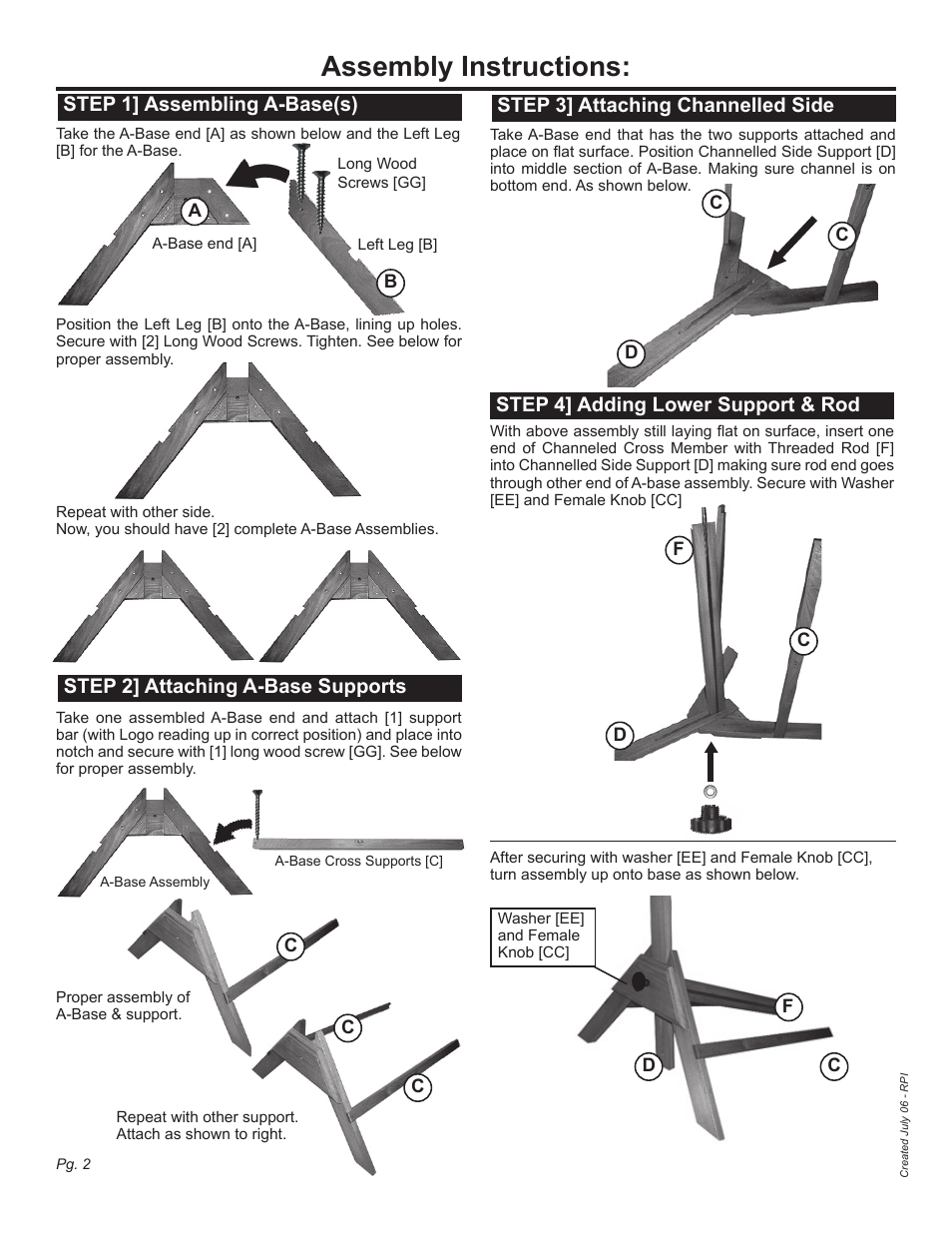 Assembly instructions, Step 1] assembling a-base(s), Step 2] attaching a-base supports | Step 3] attaching channelled side, Step 4] adding lower support & rod | Martin Universal Design U-7200C Royal Elm Designer Table User Manual | Page 2 / 4