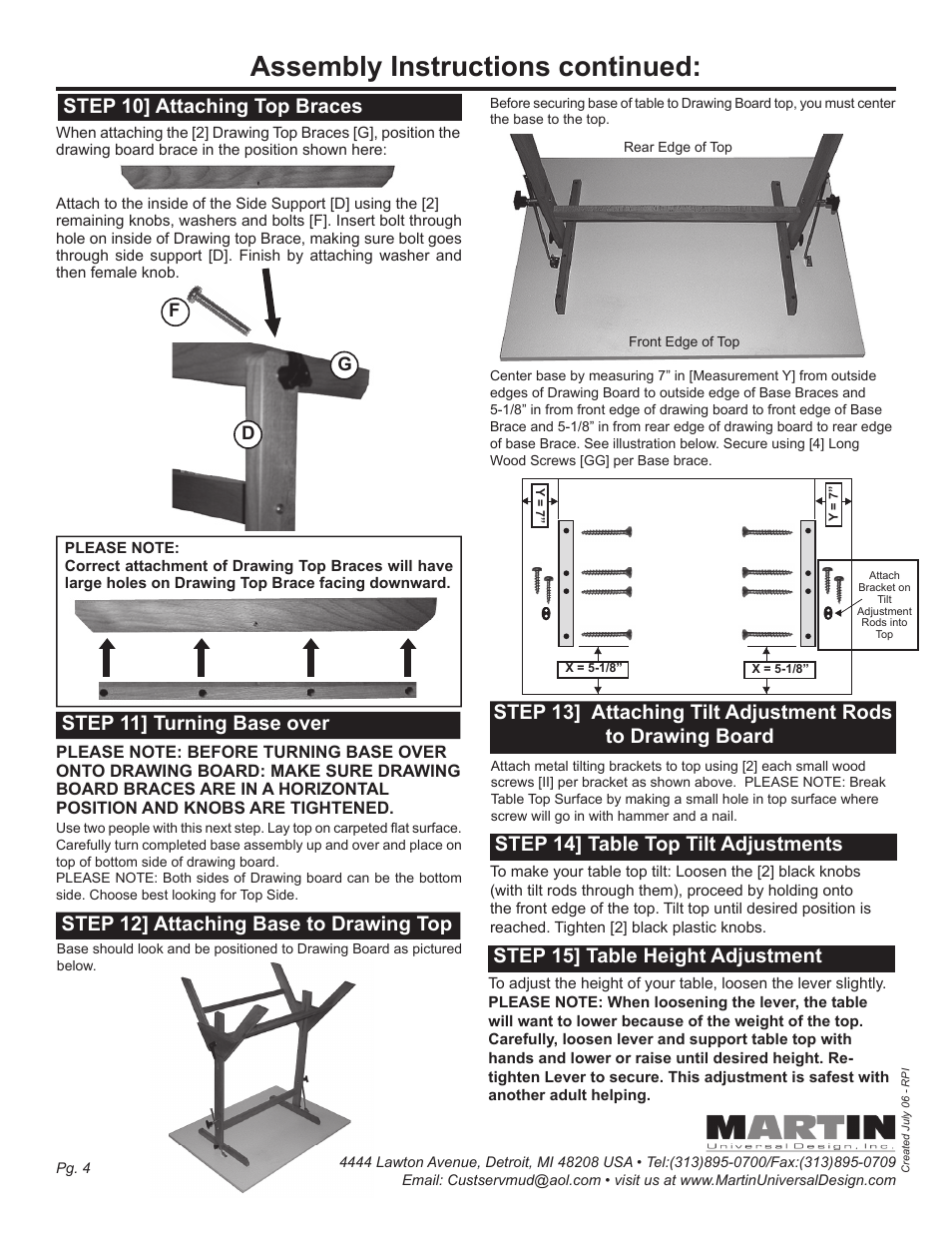 Assembly instructions continued, Step 10] attaching top braces, Step 11] turning base over | Step 12] attaching base to drawing top, Step 14] table top tilt adjustments, Step 15] table height adjustment | Martin Universal Design U-7200C Royal Elm Designer Table User Manual | Page 4 / 4