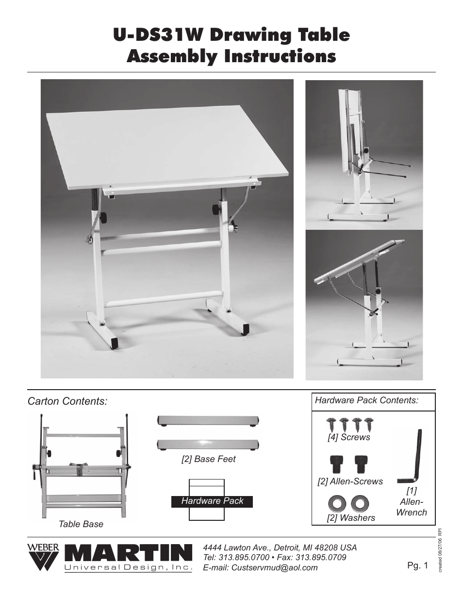 Martin Universal Design U-DS31W Drawing Table User Manual | 3 pages