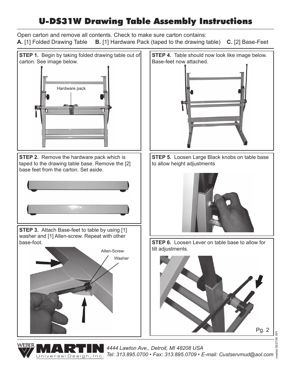 U-ds31w drawing table assembly instructions | Martin Universal Design U-DS31W Drawing Table User Manual | Page 2 / 3