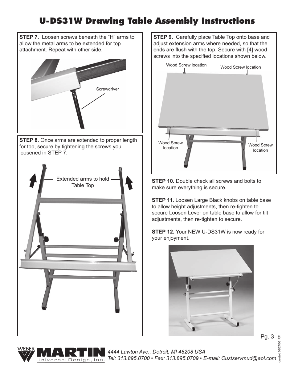 U-ds31w drawing table assembly instructions | Martin Universal Design U-DS31W Drawing Table User Manual | Page 3 / 3