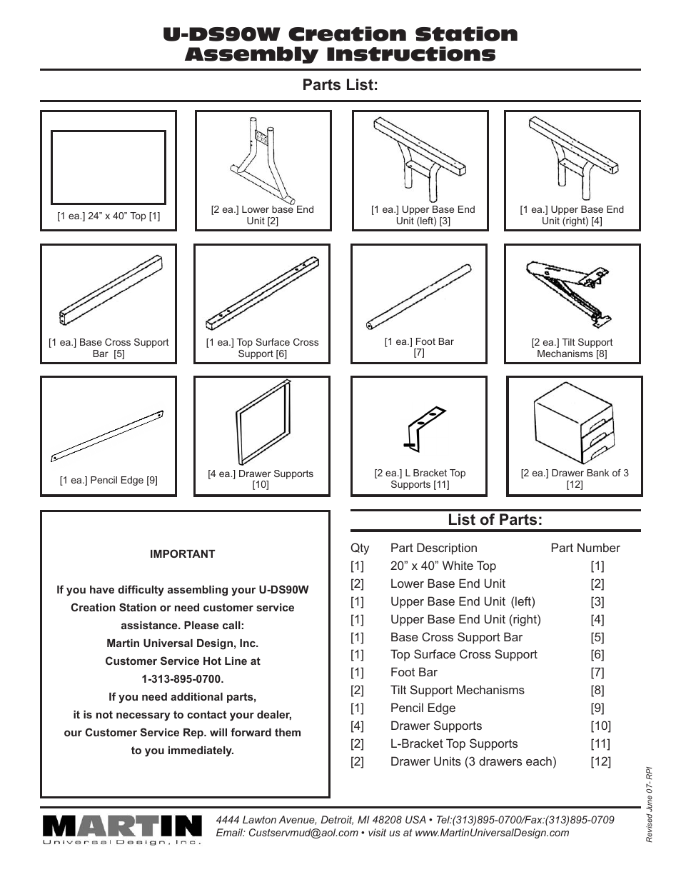 U-ds90w creation station assembly instructions, Parts list, List of parts | Martin Universal Design U-DS90W Creation Station User Manual | Page 2 / 4