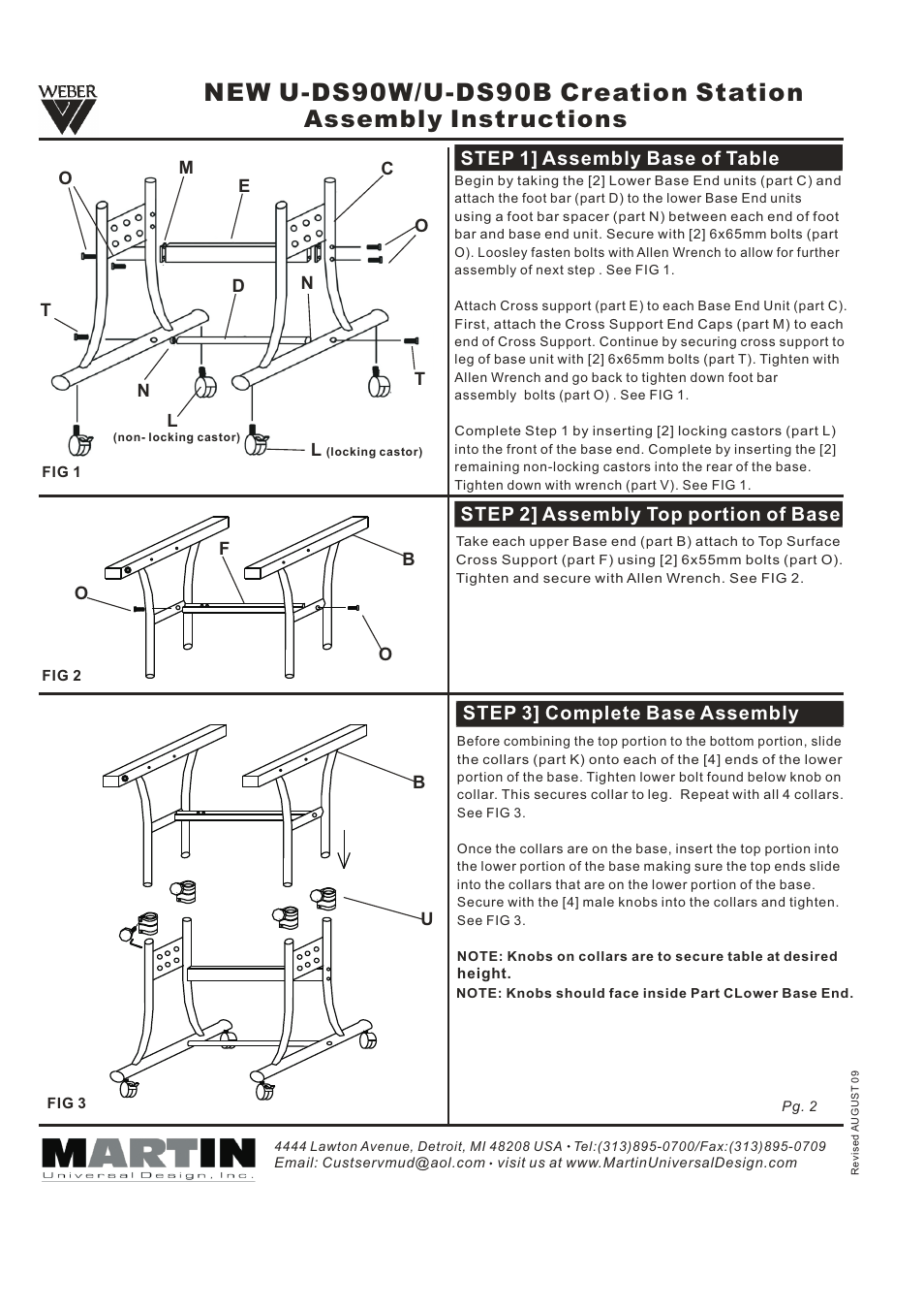 New u-ds90w/u-ds90b creation station, Assembly instr uctions, Step 1] assembly base of table | Step 2] assembly top portion of base, Step 3] complete base assembly | Martin Universal Design U-DS90B Creation Station User Manual | Page 2 / 5