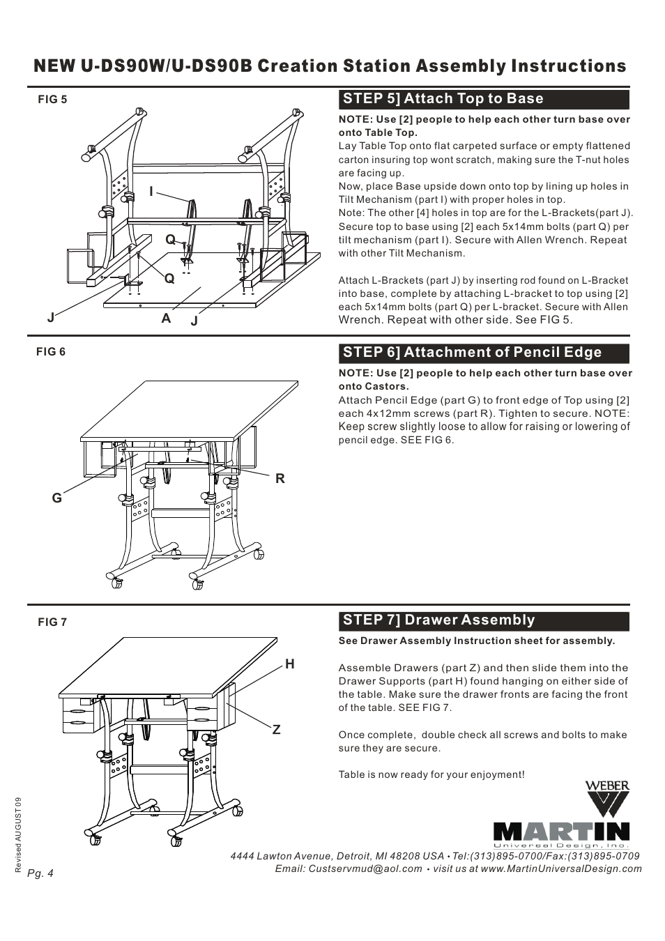 Step 5] attach top to base, Step 6] attachment of pencil edge, Step 7] drawer assembly | Iq j q | Martin Universal Design U-DS90B Creation Station User Manual | Page 4 / 5
