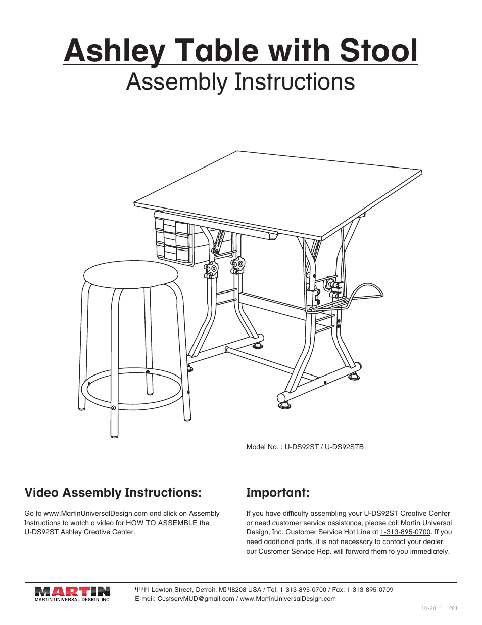 Martin Universal Design U-DS92STB Ashley Table with Stool User Manual | 9 pages