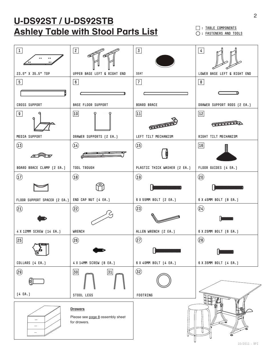 Ashley - hardware parts list | Martin Universal Design U-DS92STB Ashley Table with Stool User Manual | Page 2 / 9