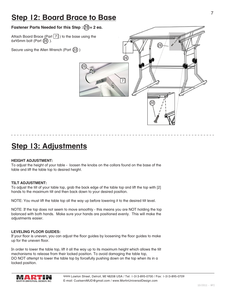 Step 12: board brace to base, Step 13: adjustments | Martin Universal Design U-DS92STB Ashley Table with Stool User Manual | Page 7 / 9